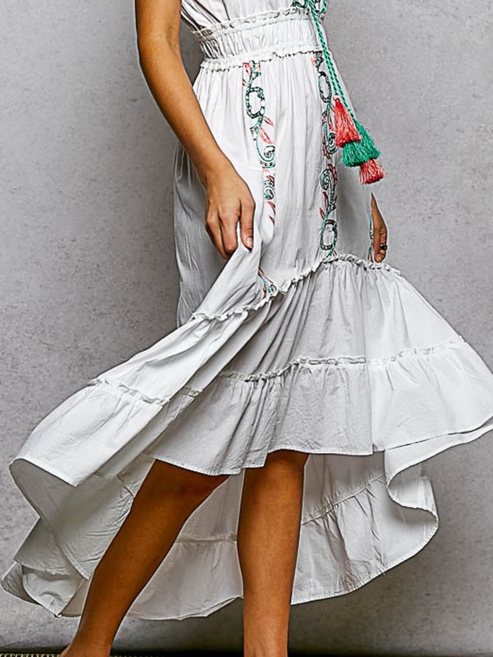 ♥️Hello Gorgeous! POL Embroidered Tassel Smocked Waist Midi Tiered Cami Dress - Picture 7 of 12